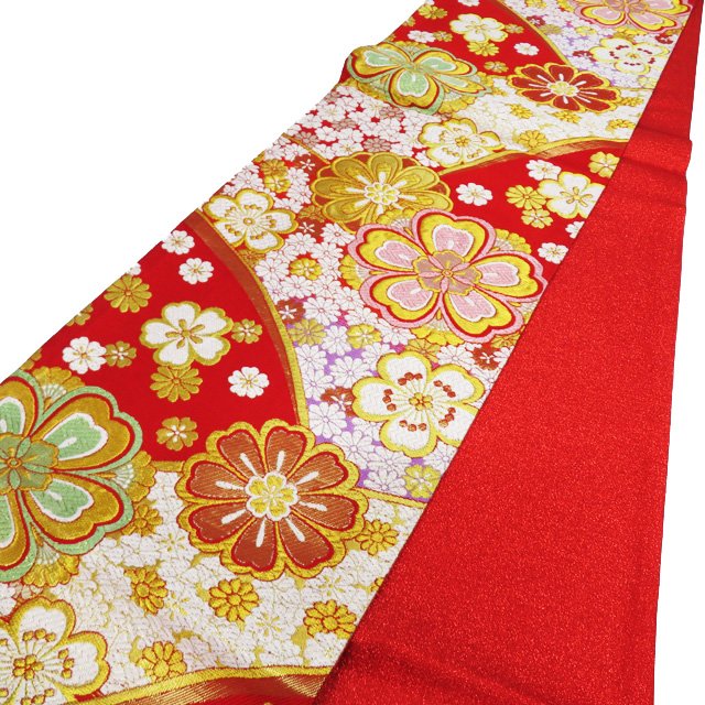 楽天特選リサイクル着物　きもの北條【 中古 】 袋帯 振袖用 リサイクル 正絹 フォーマル 仕立て上がり 六通 花模様 桜 菊 箔糸 赤色 多色 金 A978-1 [ 和服 アウトレット 振袖 袋帯 kimono 販売 セール バーゲン 送料無料 きもの北條]