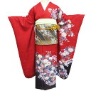 【 中古 】 振袖 襦袢 袋帯 3点 セット リサイクル着物 花模様 辻が花 地模様 金通し 赤色 多色 身丈172cm 裄68.5cm L トール A1205...