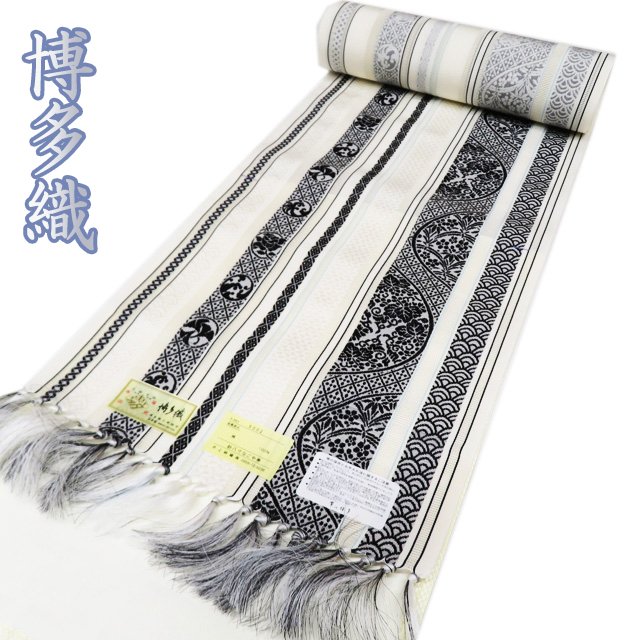 Rakuten - 夏物 帯反物 新古品 リサイクル 正絹 紗 未仕立て 博多織 ラベル付き 青海波 白色 濃紺色 多色 A1060-2 [ 和服 反物 未仕立て 美品 アウトレット 買取 送料無料 きもの北條]