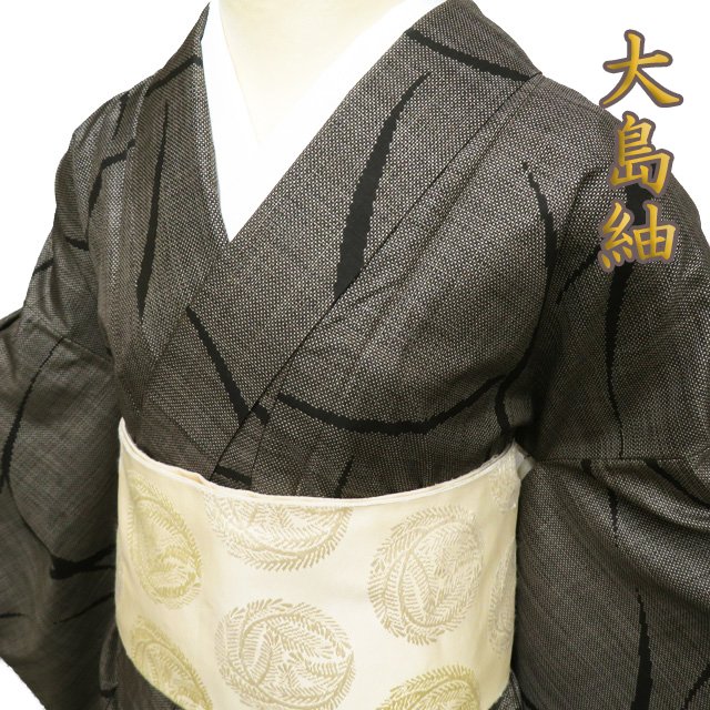 春亞紡（紡紗） - 【 中古 】 大島紬 リサイクル着物 正絹 袷 カジュアル 焦茶色 黒色 身丈161.5cm 裄66cm M A1072-2 [ 和服 きもの 紬 普段着 kimono アウトレット 送料無料 きもの北條]