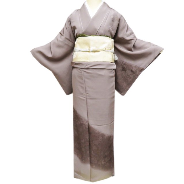 乐天商城 - 【 中古 】 付下げ 付け下げ 訪問着 リサイクル着物 正絹 袷 フォーマル 植物模様 暈し 茶鼠色 江戸鼠色 身丈159cm 裄66.5cm M A1073-2 [ 和服 入学式 卒業式 お茶会 お宮参り 入卒式 きもの 送料無料 きもの北條]
