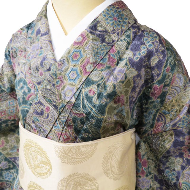 乐天商城 - 【 中古 】 小紋 リサイクル着物 正絹 袷 カジュアル 花模様 纐纈 地模様 緑系色 紫系色 多色 身丈166cm 裄66.5cm L トール A984-2 [ 和服 きもの 普段着 kimono アウトレット 送料無料 きもの北條]