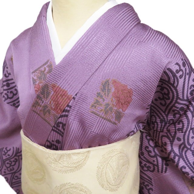 Rakuten - 【 中古 】 小紋 リサイクル着物 正絹 袷 カジュアル 花模様 牡丹 波文 菖蒲色 多色 金 身丈155cm 裄67cm S A1190-2 [式典 観劇 普段使い お食事 kimono アウトレット 送料無料 きもの北條]