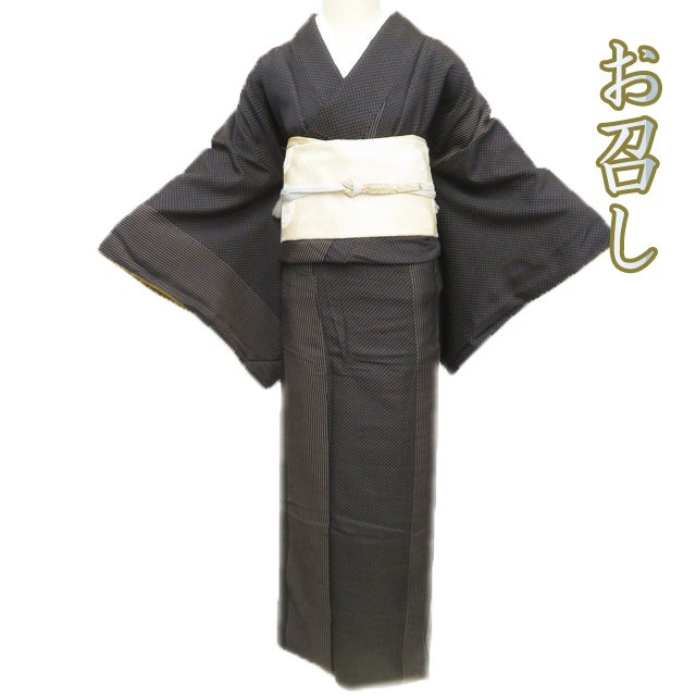 Rakuten - 【 中古 】 お召し 御召 リサイクル着物 正絹 袷 セミフォーマル 黒色 朽葉色 身丈166.5cm 裄69cm L トール A1228-2 [和服 お茶会 お茶席 茶道 きもの kimono アウトレット 送料無料 きもの北條]