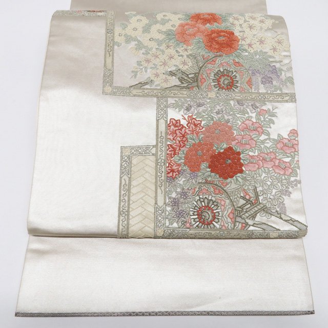 乐天商城 - 【 中古 】 袋帯 リサイクル 正絹 フォーマル 仕立て上がり お太鼓柄 相良刺繍 花車の図 引箔 多色 銀 A1232-2 [結婚式 お宮参り お茶会 お茶席 茶道 七五三 式典 利休忌 送料無料 きもの北條]