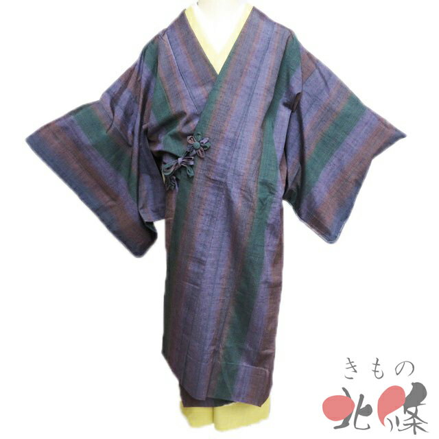 乐天商城 - 【 未使用 】 コート 道中着 着物 正絹 紬地 縦縞模様 葡萄鼠色 緑青色 多色 身丈121cm 裄63cm A1304-2 [お出かけ 観劇 茶席 街歩き 防寒 和服 kimono 送料無料 きもの北條]