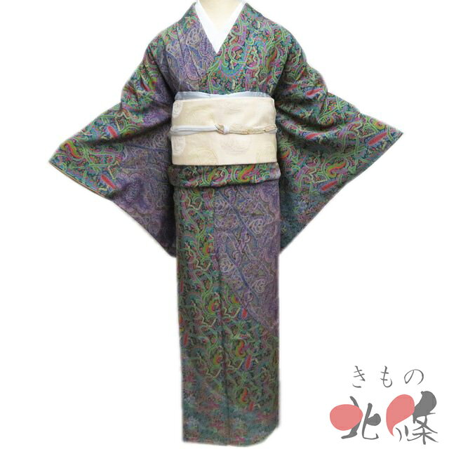 Rakuten - 【 中古 】 付下げ 訪問着 リサイクル着物 正絹 袷 作家物 落款 更紗模様 梅幸茶色 紫系色 緑系色 多色 身丈164cm 裄68cm L A1308-2［ 和服 お茶会 お茶席 茶道 利休忌 食事会 送料無料 きもの北條 ]