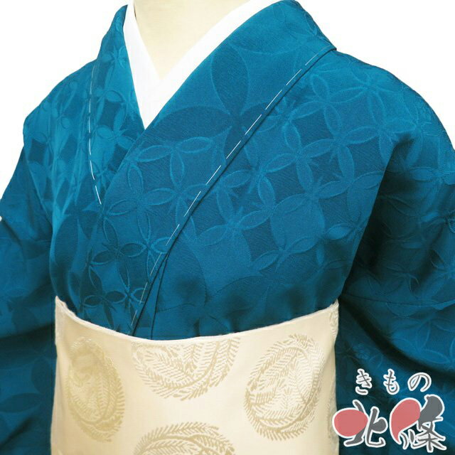 乐天商城 - 【 未使用 】 色無地 着物 正絹 袷 カジュアル 紋なし 地模様 七宝模様 碧色 身丈166cm 裄69.5cm L トール ワイド A1348-2 [和服 お茶会 観劇 お食事 街歩き きもの kimono 送料無料 きもの北條]