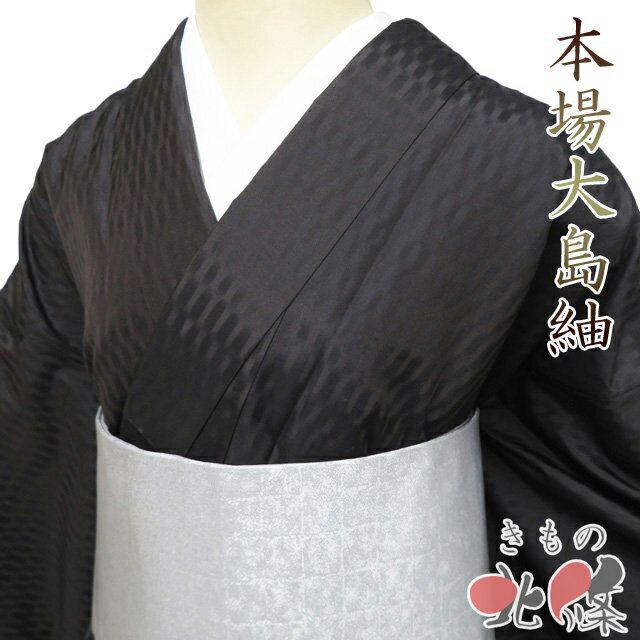 乐天商城 - 【 中古 】 本場 大島紬 リサイクル着物 正絹 袷 カジュアル 紋付 ラベル・鑑定書付き 鉄黒色 身丈159cm 裄67cm M A1349-2 [初詣 お出かけ 観劇 着付け教室 趣味着 街着 普段着 送料無料 きもの北條]