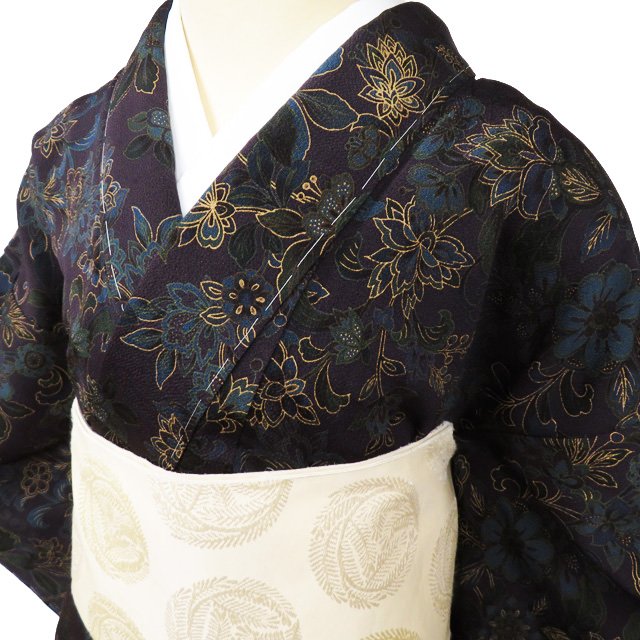 Rakuten - 【 未使用 】 小紋 着物 正絹 袷 カジュアル 縮緬地 ちりめん 花模様 深紫色 多色 身丈164cm 裄65.5cm L A1048-3 [ 和服 きもの 普段着 kimono アウトレット 送料無料 きもの北條]