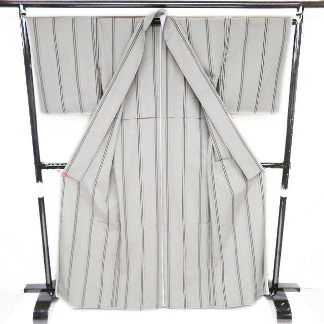 【 新品 】 播包 播州織 着物 木綿 単衣 カジュアル 縦縞模様 反端付き かなり薄い柴色 身丈167cm 裄68cm L トール A1086-3 [和服 洗える着物 kimono 送料無料 きもの北條]