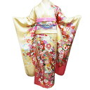 【 中古 】 振袖 リサイクル着物 正絹 金駒刺繍 花模様 松竹梅 束ね熨斗 御車 地模様 淡黄色 多色 金 身丈163.5cm 裄69.5cm M A1140...