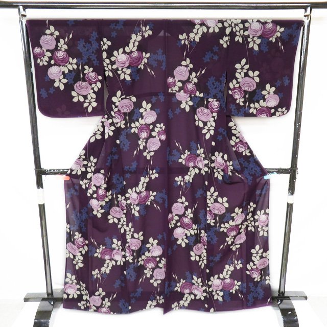 【 中古 】 夏物 浴衣 小紋 リサイクル着物 ポリエステル カジュアル 撫松庵 花模様 薔薇 濃紫色 多色 身丈164.5cm 裄68.5cm L A1040-4 [ ゆかた 洗える コスプレ 木綿 花火 祭り 夕涼み 送料無料 きもの北條]