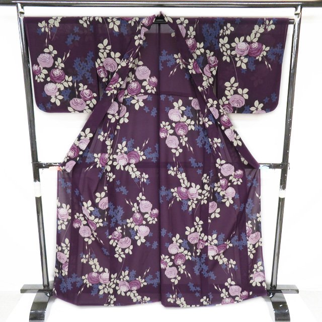 【 中古 】 夏物 浴衣 小紋 リサイクル着物 ポリエステル カジュアル 撫松庵 花模様 薔薇 濃紫色 多色 身丈164.5cm 裄68.5cm L A1040-4 [ ゆかた 洗える コスプレ 木綿 花火 祭り 夕涼み 送料無料 きもの北條]