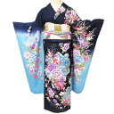 【 中古 】 振袖 リサイクル着物 正絹 花模様 銀通し 濃紺色 水色 多色 身丈168cm 裄65cm L トール A1098-4 [和服 振袖 レンタルアッ...