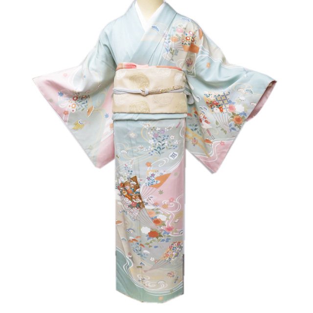 乐天商城 - 【 中古 】 訪問着 リサイクル着物 作家物 落款 金駒刺繍 扇子に花鳥文様 流水 宝物 裏葉色 淡紅色 多色 身丈157.5cm 裄65cm M A971-4 [ 和服 入学式 卒業式 母 結婚式 お宮参り アウトレット 送料無料 きもの北條]