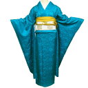 【 中古 】 振袖 リサイクル着物 正絹 地模様 松竹梅模様 浅葱色 身丈163cm 裄65.5cm L A1151-4 [和服 振袖 レンタルアップ アウトレ...