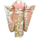 【 中古 】 振袖 リサイクル着物 正絹 金駒刺繍 蔓帯に花模様 青海波 七宝 菱文 東雲色 多色 金 身丈171.5cm 裄66.5cm L トール A118...