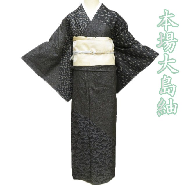 乐天商城 - 【 中古 】 本場 大島紬 リサイクル着物 正絹 袷 セミフォーマル ラベル付き 植物文様 黒色 多色 身丈159.5cm 裄66cm M A1209-4 [式典 パーティー お食事 普段使い kimono アウトレット 送料無料 きもの北條]
