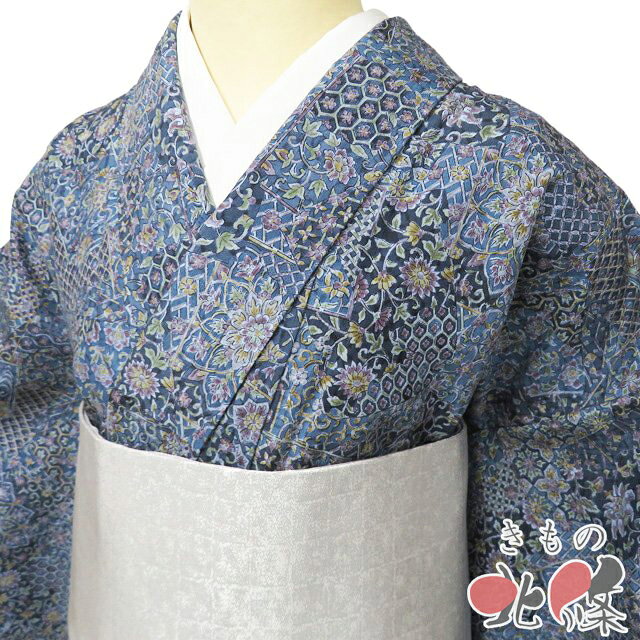 乐天商城 - 【 中古 】 紬地 小紋 リサイクル着物 正絹 袷 カジュアル 二代目 更甚 落款 更紗模様 青系色 多色 身丈155.5cm 裄65cm S A1345-4 [観劇 お出かけ 街着 普段使い お食事 kimono 和服 送料無料 きもの北條]