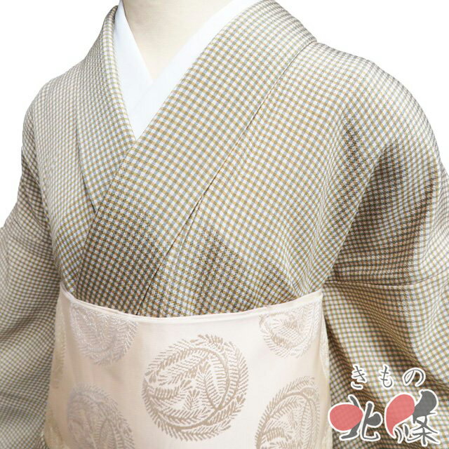 乐天商城 - 【 未使用 】 特選 小紋 着物 正絹 袷 カジュアル 縮緬地 格子模様 砂色 青白橡色 黄系色 身丈165cm 裄68.5cm L トール A1352-4 [観劇 お出かけ 街着 普段使い お食事 kimono 和服 送料無料 きもの北條]