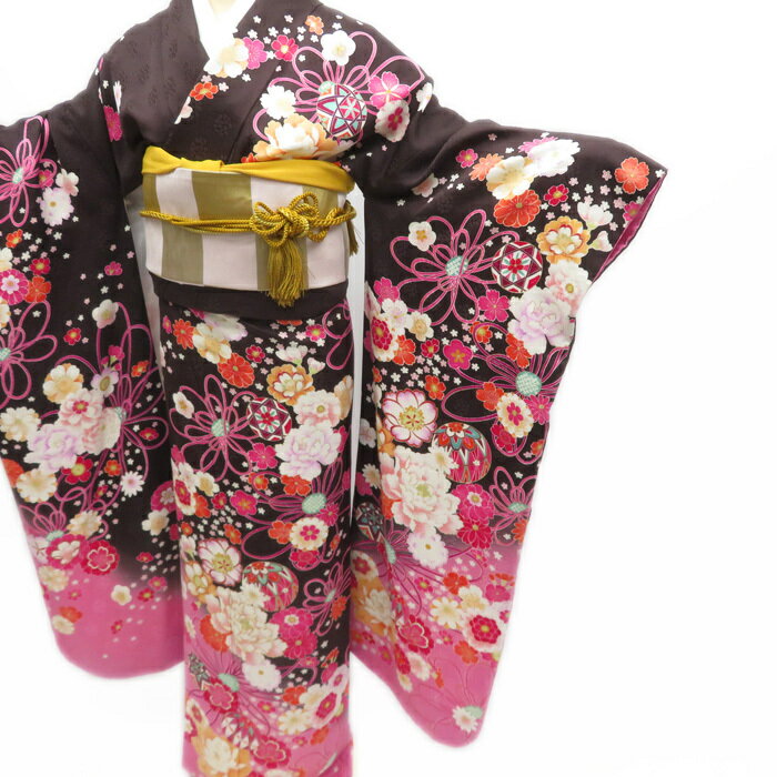 振袖 正絹 花模様 金駒刺繍 成人式 結婚式 結納 パーティー トール 焦茶色 A592-5 L【 中古 】 丈169.5cm 裄71cm 振袖 中古 アウトレット 販売 振袖着物 バーゲン フォーマル