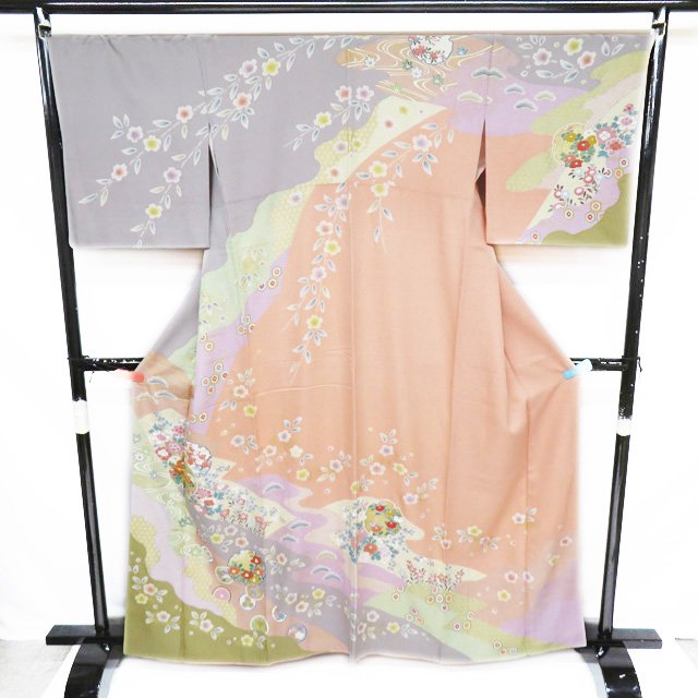 【 中古 】 訪問着 リサイクル着物 正絹 袷 フォーマル 金駒刺繍 花模様 桜 菊 松 雪輪 鴇色 薄灰色 多色 身丈162.5cm 裄69cm M A1004-5 [ 和服 入学式 卒業式 母 結婚式 お宮参り 送料無料 きもの北條]