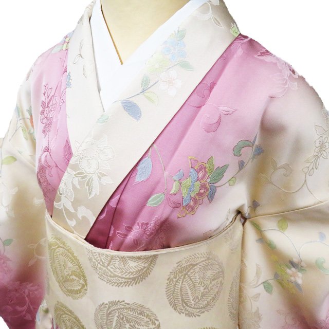 【 中古 】 小紋 リサイクル着物 袷 カジュアル 花模様 牡丹唐草 地模様 暈し 退紅色 砥粉色 多色 身丈165cm 裄65cm L トール A1006-5 [ 和服 きもの 普段着 kimono アウトレット 送料無料 きもの北條]