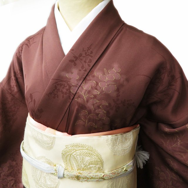 【 中古 】 訪問着 着物 リサイクル 正絹 袷 フォーマル に志山 植物文様 花 茶系色 金 身丈158.5cm 裄68cm M A891-5 [ 和服 入学式 卒業式 お茶会 結婚式 お宮参り アウトレット きもの kimono 送料無料 きもの北條]