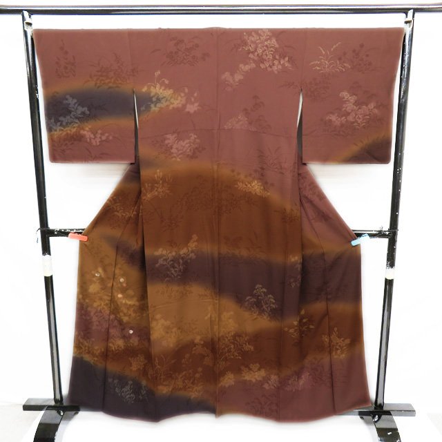 【 中古 】 訪問着 着物 リサイクル 正絹 袷 フォーマル に志山 植物文様 花 茶系色 金 身丈158.5cm 裄68cm M A891-5 [ 和服 入学式 卒業式 お茶会 結婚式 お宮参り アウトレット きもの kimono 送料無料 きもの北條]