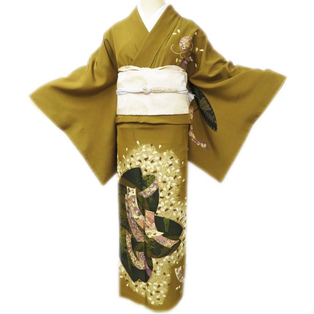 Rakuten - ＼ FINAL PRICE ／ 【 中古 】 訪問着 リサイクル着物 正絹 袷 フォーマル 金駒刺繍 花の図 桜 短冊 折り鶴 桑茶色 多色 金 身丈160cm 裄68.5cm M A941-5 [ 和服 入学式 卒業式 母 結婚式 お宮参り アウトレット 送料無料 きもの北條]