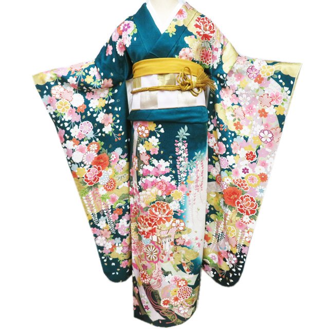 楽天特選リサイクル着物　きもの北條【 中古 】 振袖 リサイクル着物 正絹 金駒刺繍 花模様 桜散らし 地模様 翠色 白色 多色 金 身丈178cm 裄68.5cm L トール A1157-5 [和服 振袖 レンタルアップ アウトレット セール 販売 バーゲン 送料無料 きもの北條]