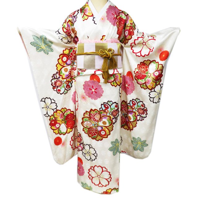 Rakuten - 【 中古 】 振袖 着物 リサイクル 正絹 金駒刺繍 花模様 桜 菊 地模様 乳白色 多色 金 身丈167cm 裄65.5cm L トール A1002-6 [ 和服 振袖 レンタルアップ アウトレット セール 販売 バーゲン 送料無料 きもの北條]