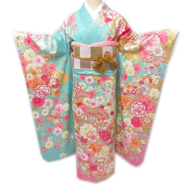 Rakuten - ＼ FINAL PRICE ／ 【 中古 】 振袖 リサイクル着物 正絹 花模様 金駒刺繍 地模様 成人式 結婚式 結納 パーティー トール 丈168cm 裄70cm Lサイズ A766-7 [ 振袖 レンタルアップ アウトレット 販売 送料無料 きもの北條]
