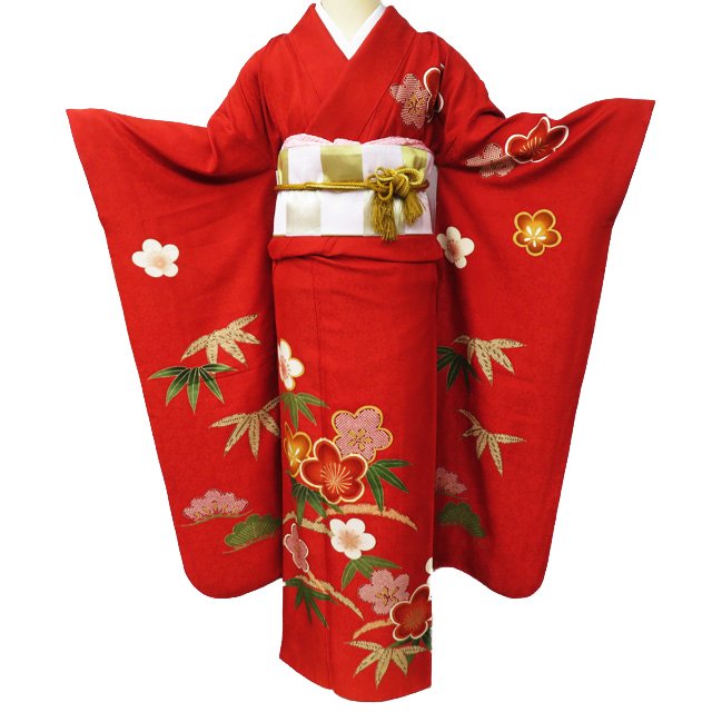 Rakuten - 【 中古 】 振袖 着物 リサイクル 正絹 フォーマル 金駒刺繍 松竹梅模様 緋色 多色 金 身丈159cm 裄67cm M A1041-7 [和服 振袖 レンタルアップ アウトレット セール 販売 バーゲン 送料無料 きもの北條]