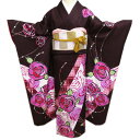 【 中古 】 振袖 リサイクル着物 正絹 袷 花模様 薔薇 バラ ラインストーン 焦茶色 多色 身丈170cm 裄68.5cm L トール A913-7 [ 和...