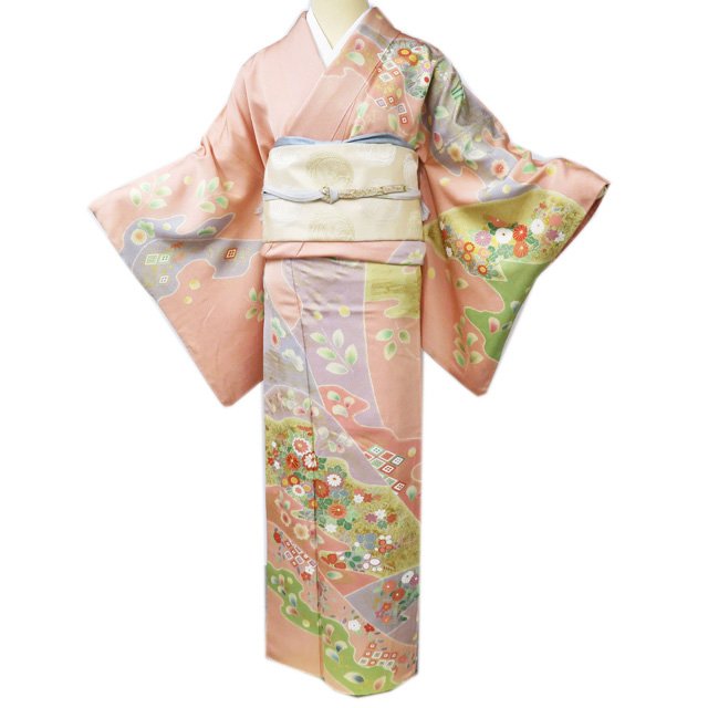 Rakuten - 【 中古 】 訪問着 リサイクル着物 正絹 袷 フォーマル 金駒刺繍 花の図 朱華色 多色 金 身丈167cm 裄68cm L トール A980-7 [ 和服 入学式 卒業式 母 結婚式 お宮参り アウトレット 送料無料 きもの北條]