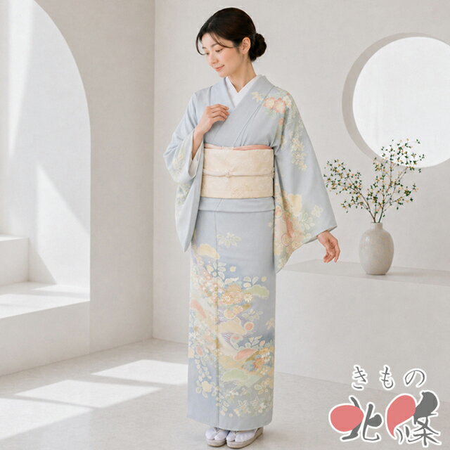 【 未使用 】 訪問着 着物 正絹 袷 金駒刺繍 花の図 暈し 青磁鼠色 黄系色 多色 金 身丈166.5cm 裄69cm L トール A1375-7 [入学式 卒業式 お宮参り 結婚式 母 利休忌 刺繍 和服 送料無料 きもの北條]