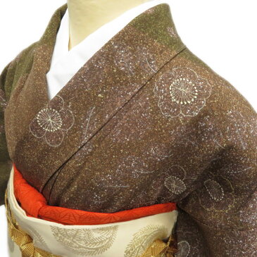 花の図 お洒落な和の装いに 茶色 苔色 訪問着 A583-8 SA 【中古】 丈151.5cm 裄64cm 訪問着 リサイクル 着物 フォーマル 袷 送料無料 結婚式 お宮参り お茶会 茶席 パーティー 入学式 卒業式 仕立て上がり 秋冬春 正絹 きもの北條