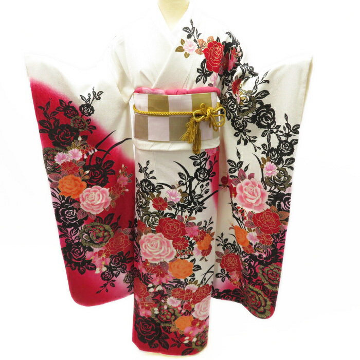 【 中古 】 振袖 リサイクル着物 フォーマル 銀通し 白色 赤色 トール 丈170.5cm 裄69cm Lサイズ 薔薇模様 A637-8 [ 振袖リサイクル 振り袖 中古着物 アウトレット 販売 バーゲン 成人式 結納 送料無料]のサムネイル