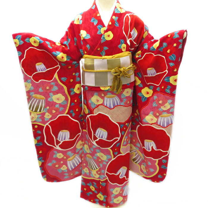 Rakuten - 【 中古 】 振袖 リサイクル 着物 正絹 椿に鹿の子模様 成人式 結婚式 結納 パーティー トール 丈165cm 裄66.5cm Lサイズ A644-8 [ アウトレット 販売 バーゲン フォーマル 送料無料 きもの北條]