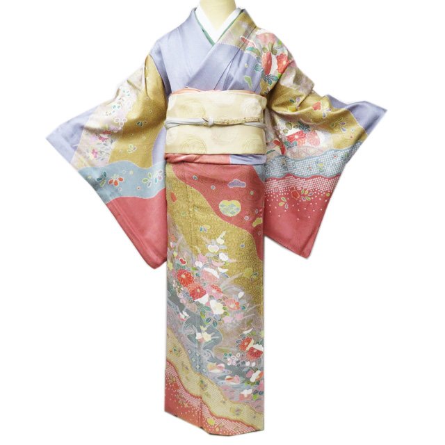 乐天商城 - 【 中古 】 訪問着 リサイクル着物 正絹 袷 フォーマル 花の図 鴛鴦 流水 波 マルチカラー 多色 金 身丈160.5cm 裄67cm M A1034-8 [ 和服 入学式 卒業式 お茶会 結婚式 お宮参り アウトレット 送料無料 きもの北條]