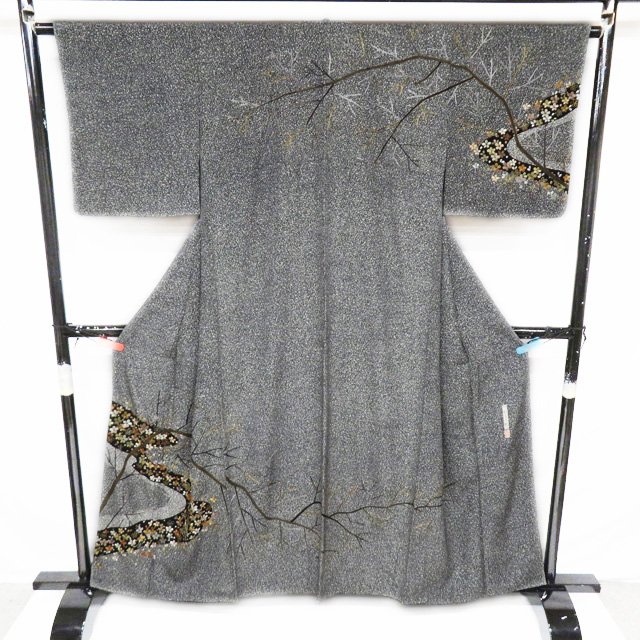 【 中古 】 訪問着 リサイクル着物 正絹 袷 フォーマル 川村久太郎 落款 刺繍 木の枝と花の図 黒色 身丈157cm 裄64.5cm M ワイド A1070-8 [ 和服 入学式 卒業式 母 結婚式 お宮参り アウトレット 送料無料 きもの北條]