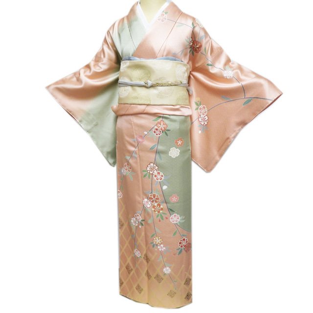 【 中古 】 訪問着 リサイクル着物 正絹 袷 フォーマル 地模様 花模様 桜 赤香色 裏葉柳色 多色 金 身丈164cm 裄65.5cm L A1073-8 [ 和服 入学式 卒業式 お茶会 結婚式 お宮参り アウトレット 送料無料 きもの北條]