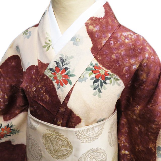 Rakuten - ＼ FINAL PRICE ／ 【 中古 】 訪問着 リサイクル着物 正絹 袷 フォーマル 絞り染め 植物文様 花 薄香色 茶色 多色 身丈156cm 裄65cm M きもの北條 A904-8 [ 和服 入学式 卒業式 お茶会 お宮参り アウトレット 送料無料 きもの北條]