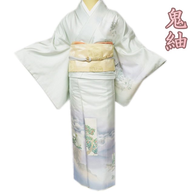 Rakuten - ＼ FINAL PRICE ／ 【 中古 】 特選 鬼紬 リサイクル着物 正絹 袷 セミフォーマル 作家物 ラベル付き 風景 植物文様 花 白緑色 多色 身丈158.5cm 裄65cm M A908-8 [ 和服 きもの 紬 普段着 kimono アウトレット 送料無料 きもの北條]