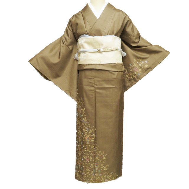 【 中古 】 紬地 訪問着 リサイクル着物 正絹 袷 セミフォーマル 刺繍 花鳥の図 朽葉色 多色 身丈155.5cm 裄66cm S A1146-8 [和服 紬 訪問着 アウトレット きもの kimono 送料無料 きもの北條]