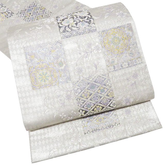 【 中古 】 袋帯 リサイクル 正絹 フォーマル 仕立て上がり 六通 花の図 箔糸 紫系色 銀 A1292-8 [結婚..