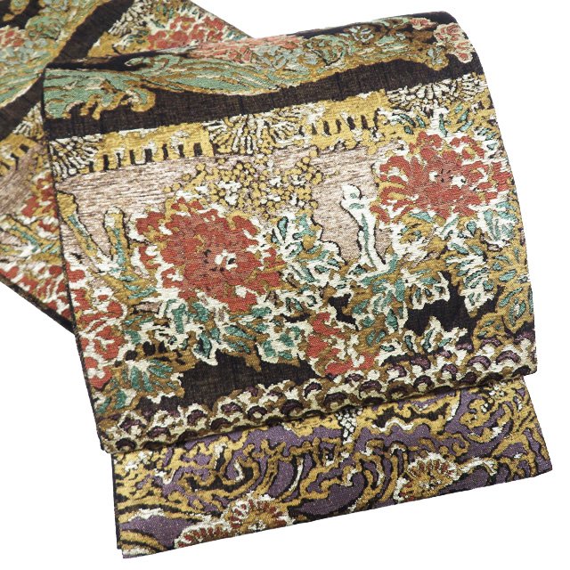 乐天商城 - 【 中古 】 袋帯 リサイクル 正絹 フォーマル 仕立て上がり 六通 花の図 箔糸 黒色 多色 金 A1045-9 [和服 お茶会 お茶席 茶道 着物 帯 kimono 通販 購入 送料無料 きもの北條]