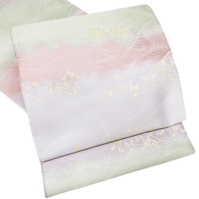 Rakuten - 【 未使用 】 袋帯 正絹 フォーマル 仕立て上がり 六通 波文様 植物文様 箔糸 銀通し 白緑色 薄紅色 白藤色 金 A1089-9 [和服 着物 お茶会 お茶席 茶道 kimono 送料無料 きもの北條]
